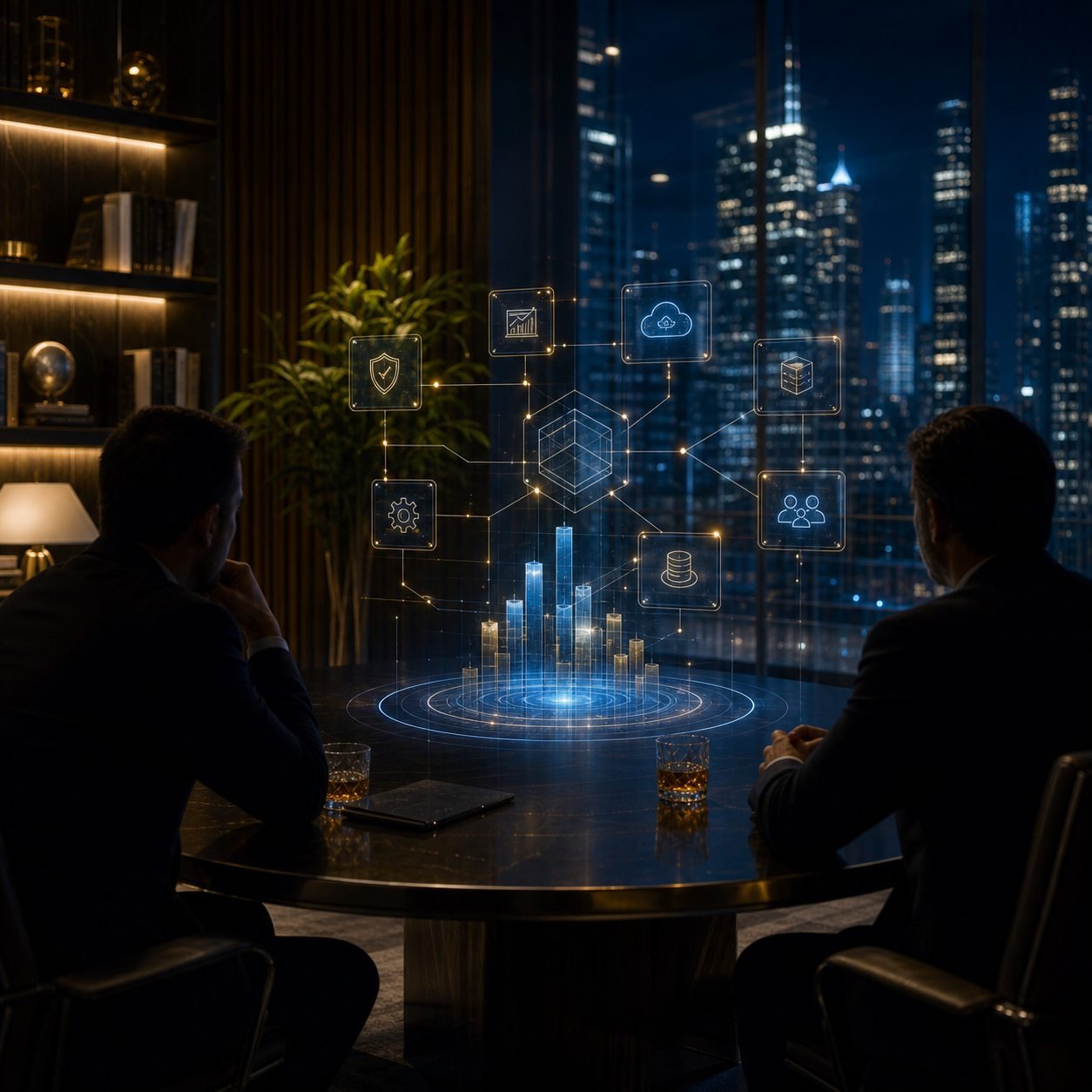 Ambiente executivo reservado com matriz holográfica para mentoria estratégica em tecnologia.