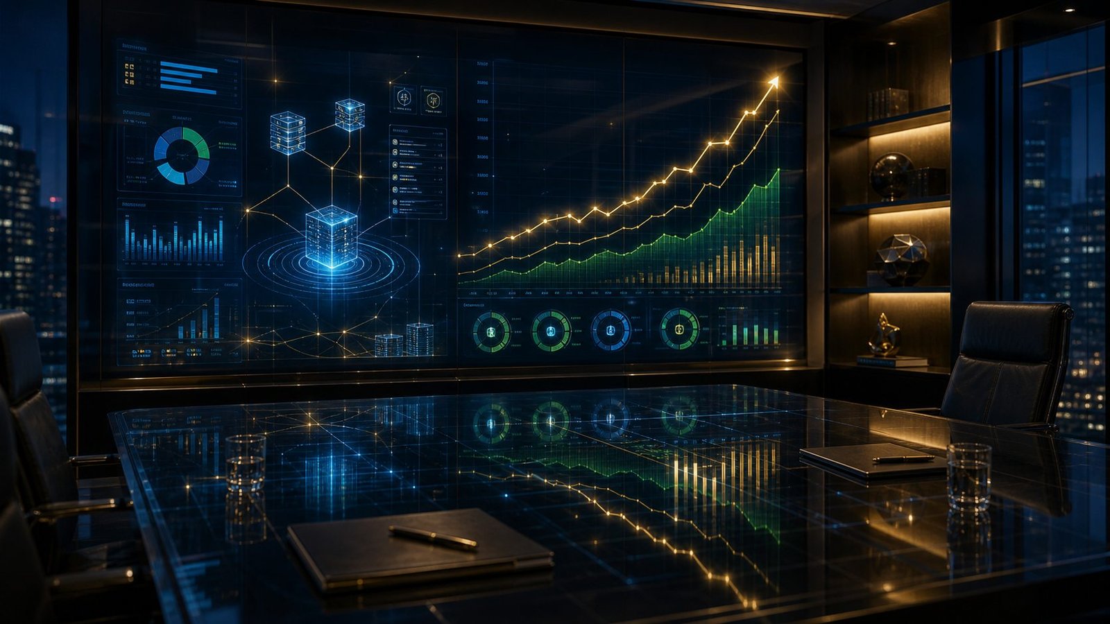 Sala executiva de analytics com indicadores abstratos de eficiência, custos e valor corporativo.