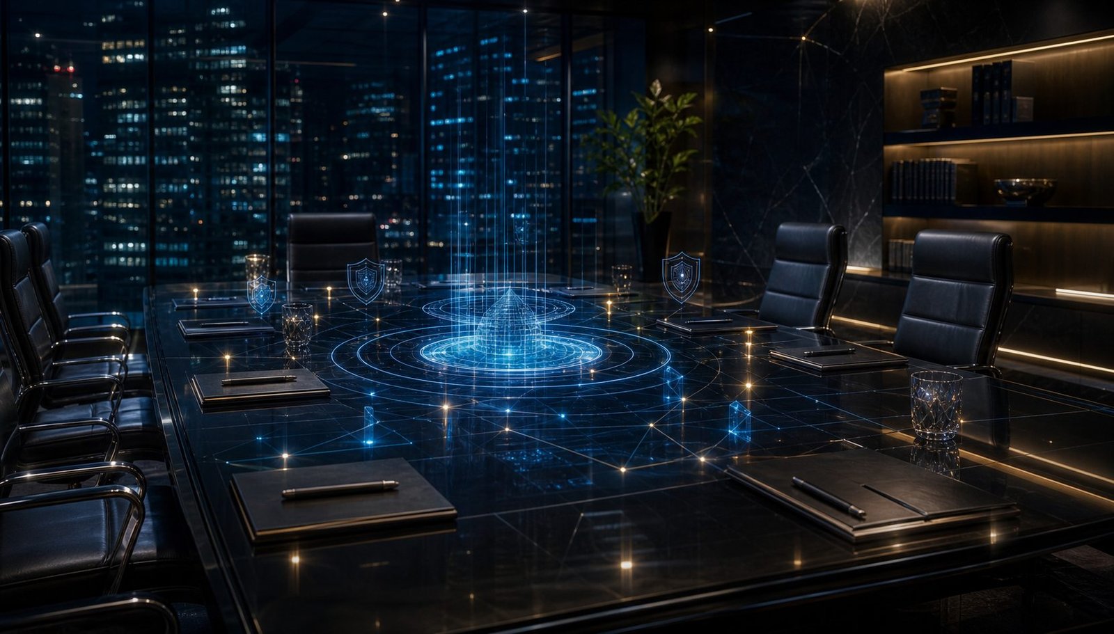 Sala de conselho com estruturas visuais de governança, risco e compliance tecnológico.
